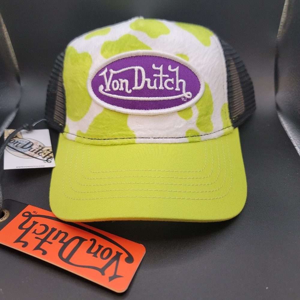 Von Dutch Green and White Cow Print Trucker Hat